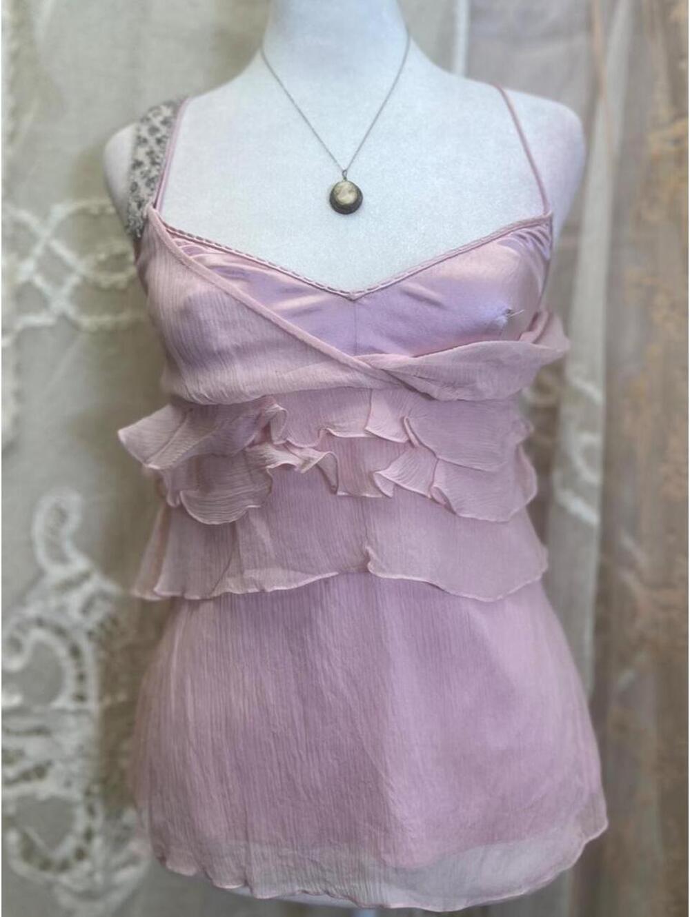 NWT Tahari Chic Baby Pink Ruffle Silk Top w/ Beaded Strap & Peek Satin Under Top